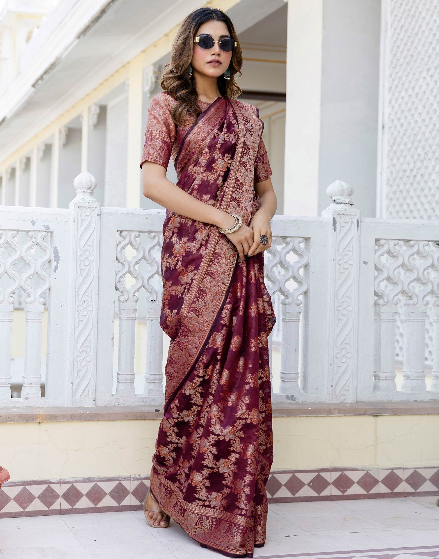 Wine Chanderi Woven Banarasi Saree - Image 9