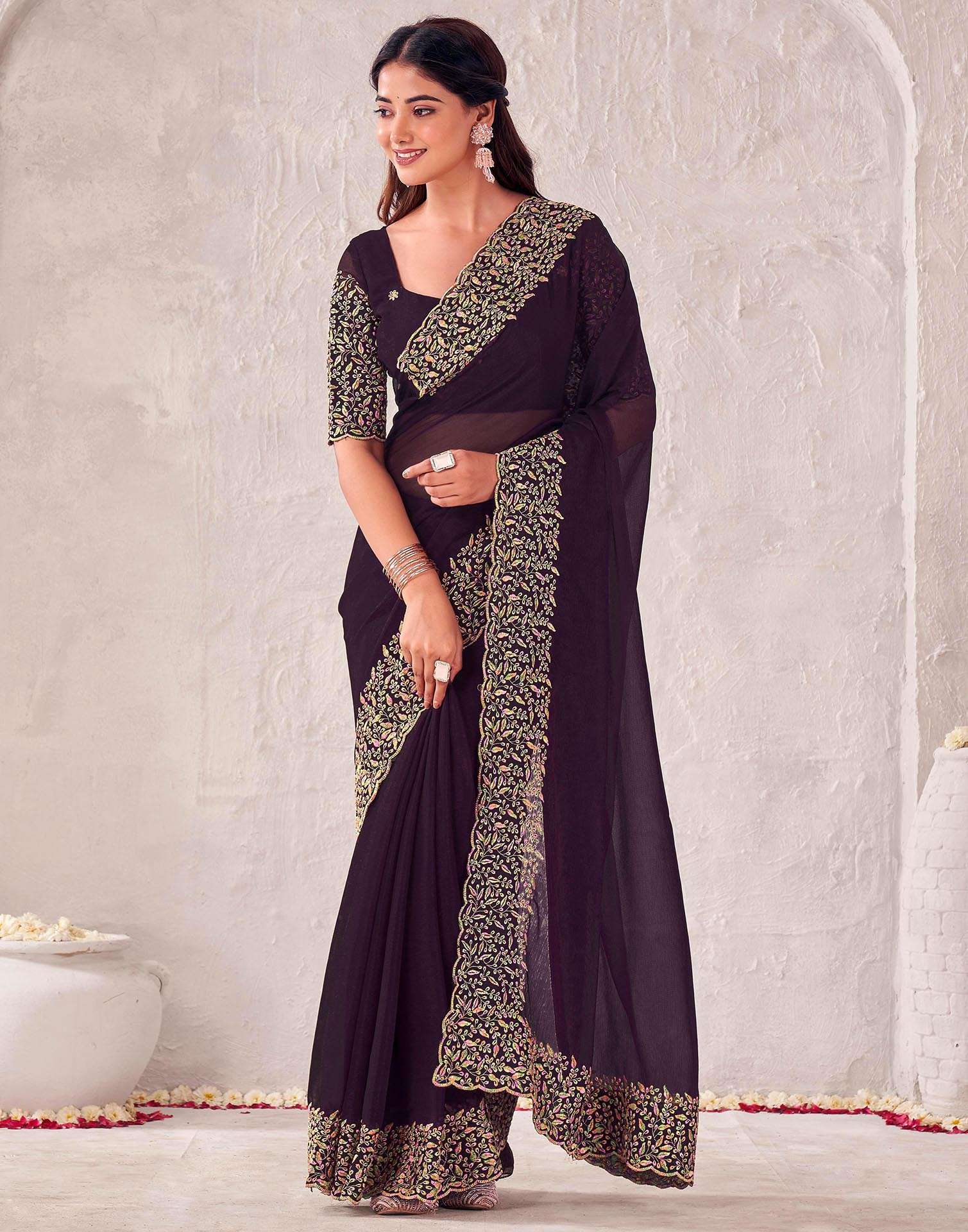 Wine Chiffon Embroidery Saree - Image 2