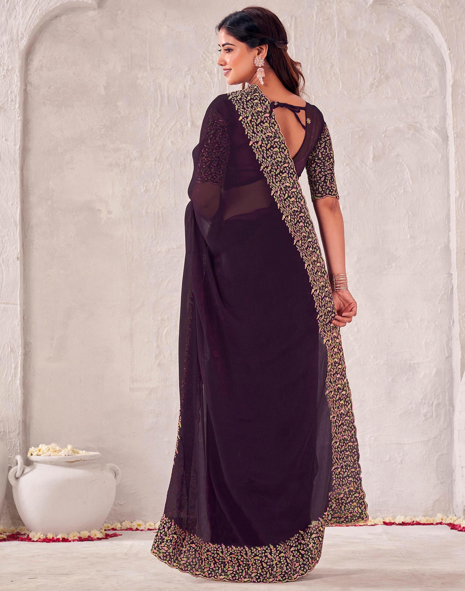 Wine Chiffon Embroidery Saree - Image 6