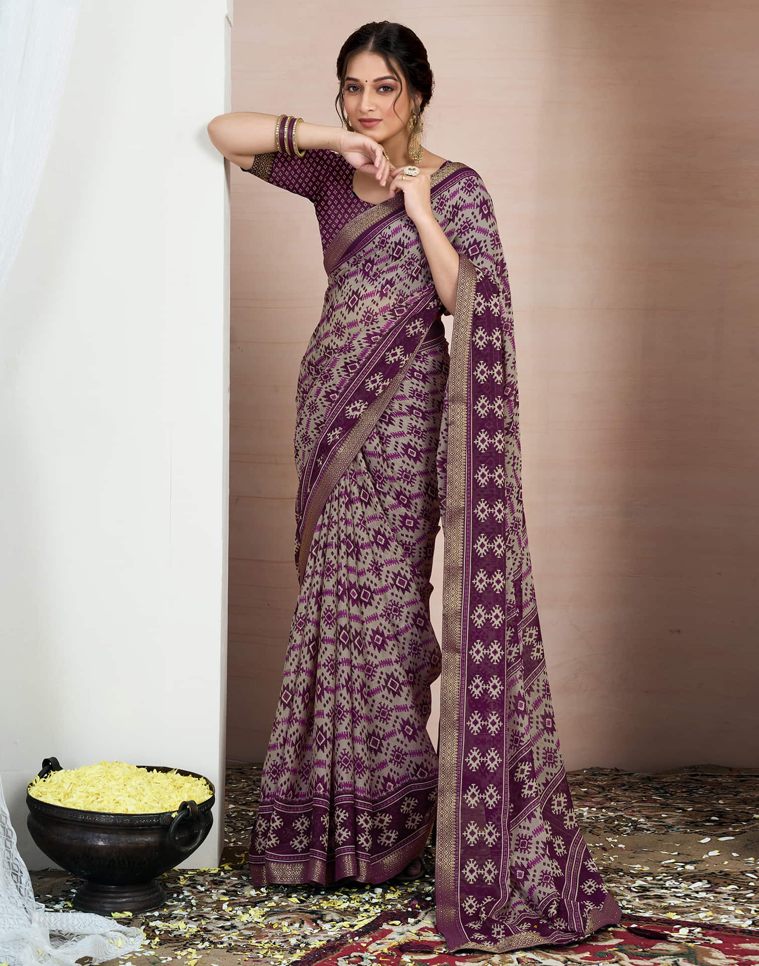 Wine Chiffon Ikkat Printed Saree - Image 4