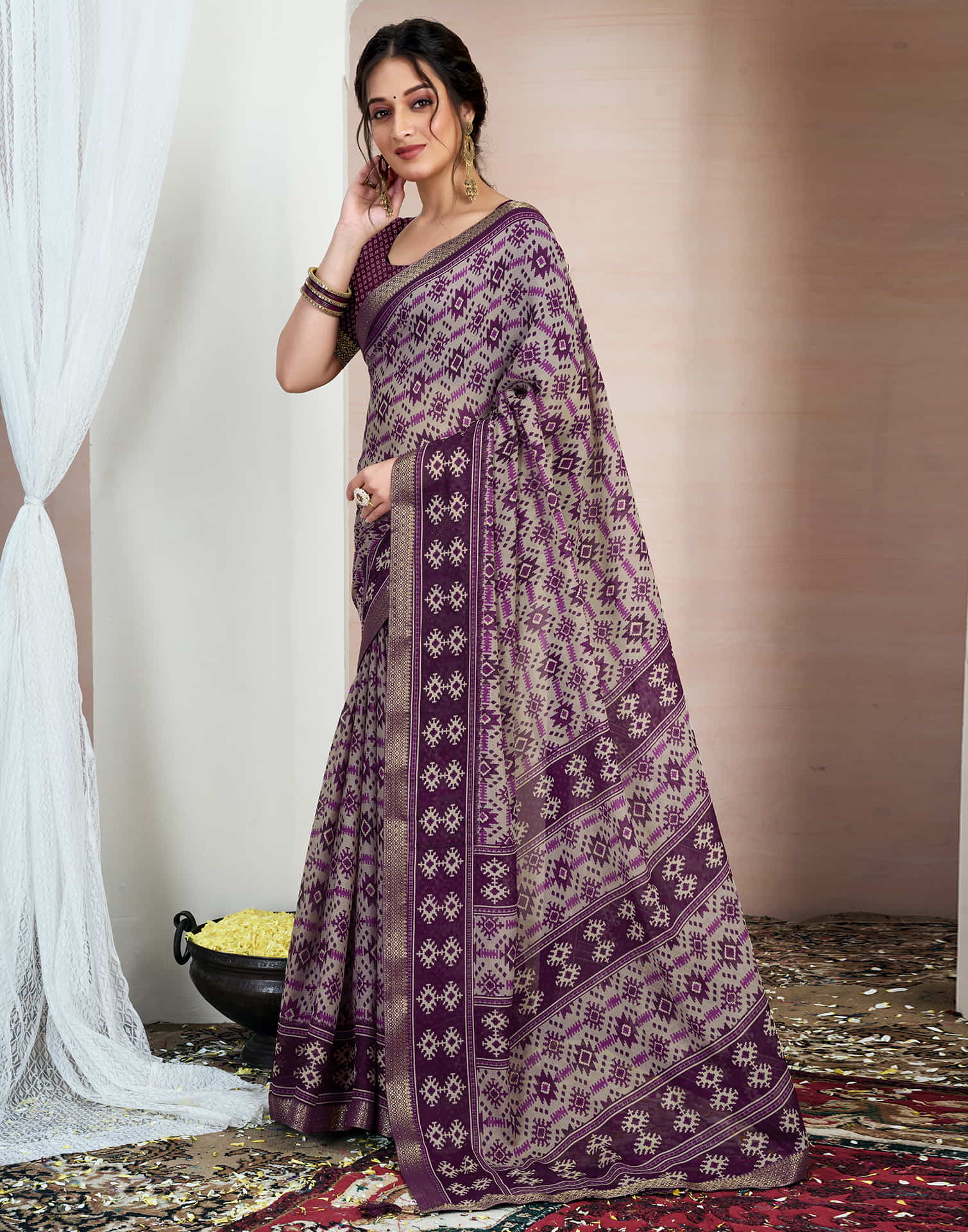 Wine Chiffon Ikkat Printed Saree - Image 5