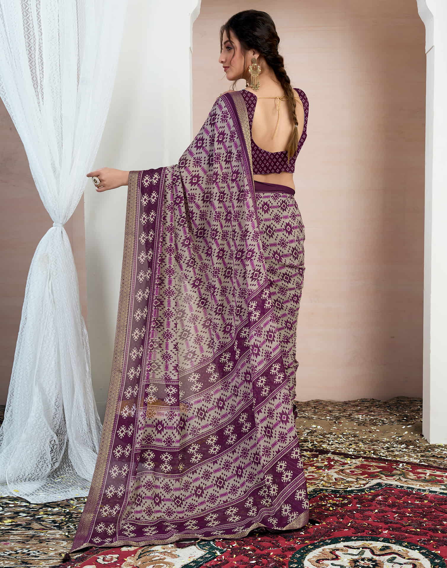 Wine Chiffon Ikkat Printed Saree - Image 6