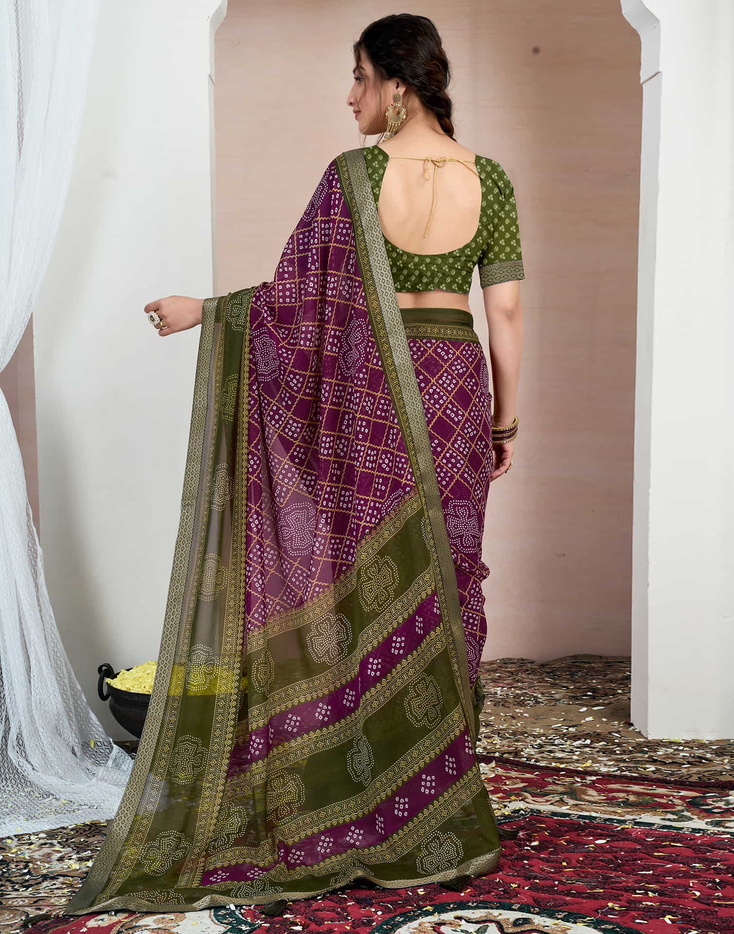 Wine Chiffon Printed Bandhani Saree - Image 4