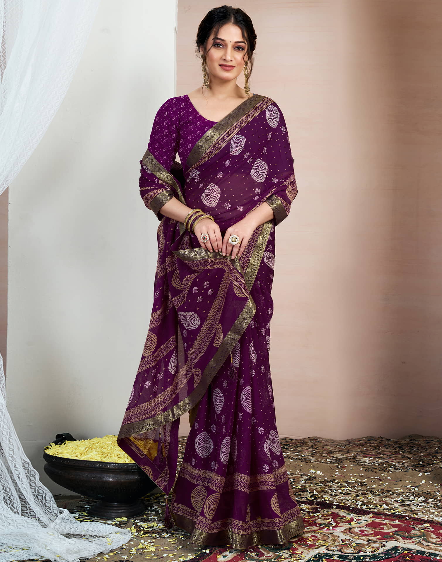 Wine Chiffon Printed Saree - Image 4