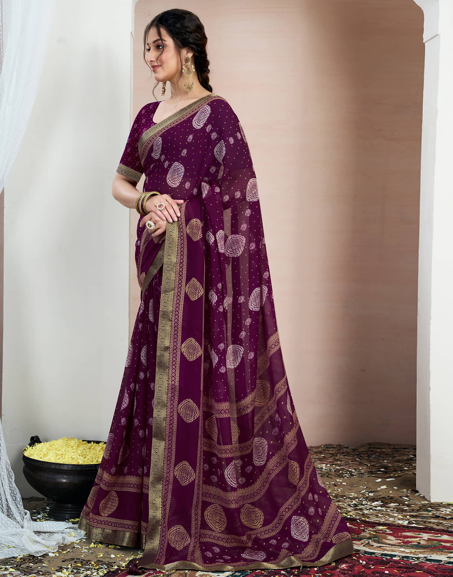 Wine Chiffon Printed Saree - Image 5