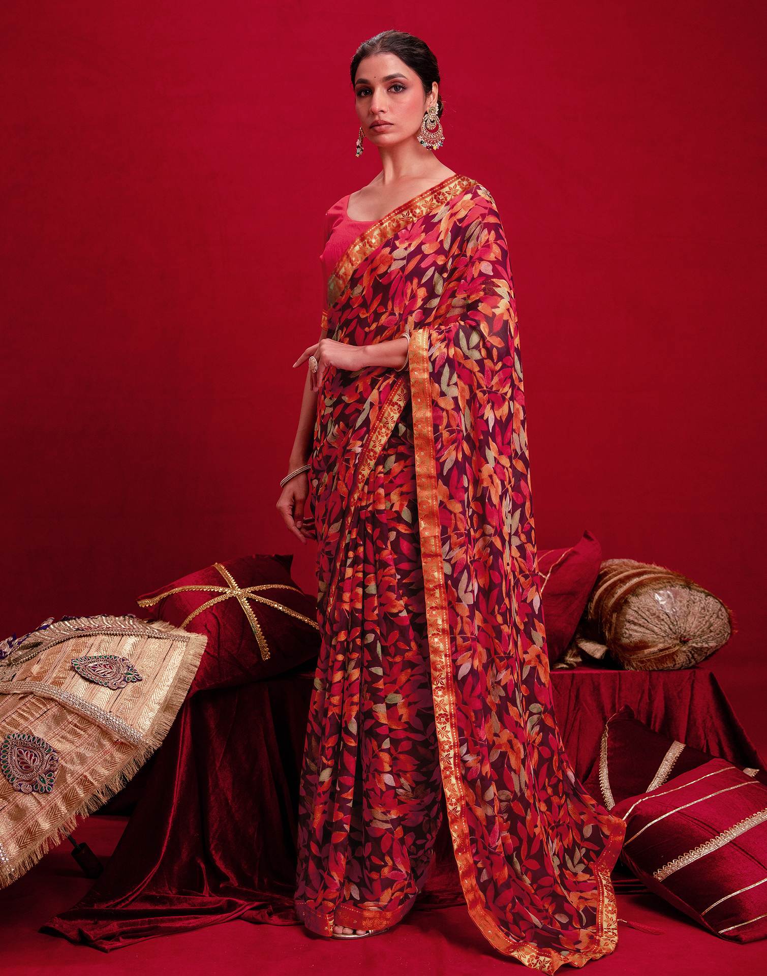Wine Chiffon Printed Saree - Image 4