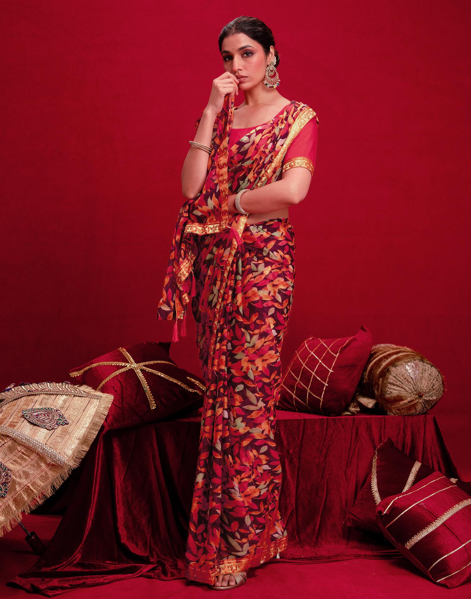 Wine Chiffon Printed Saree - Image 5