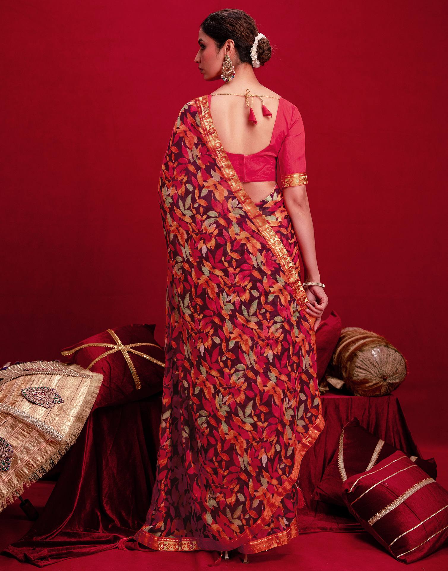 Wine Chiffon Printed Saree - Image 6