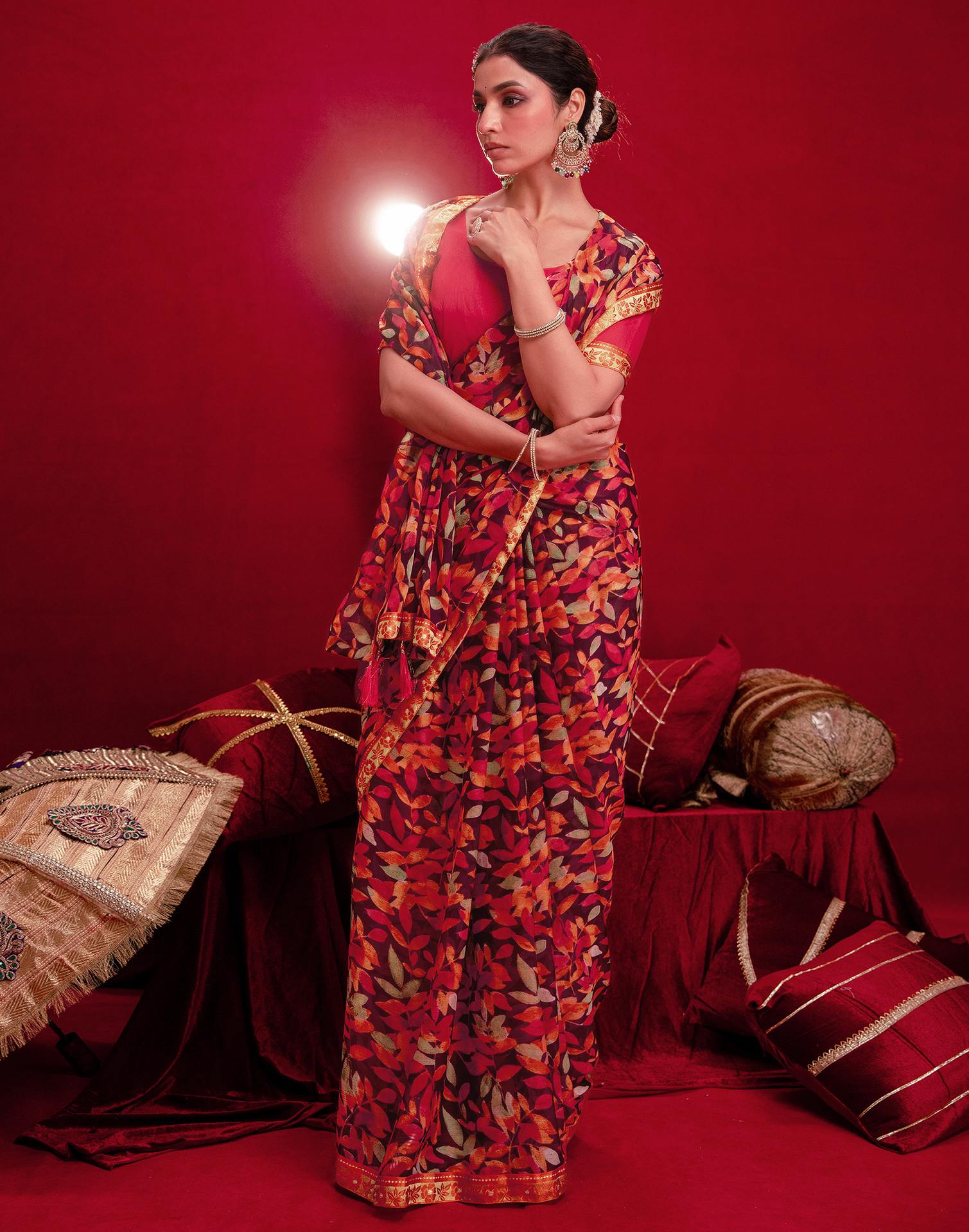 Wine Chiffon Printed Saree - Image 7