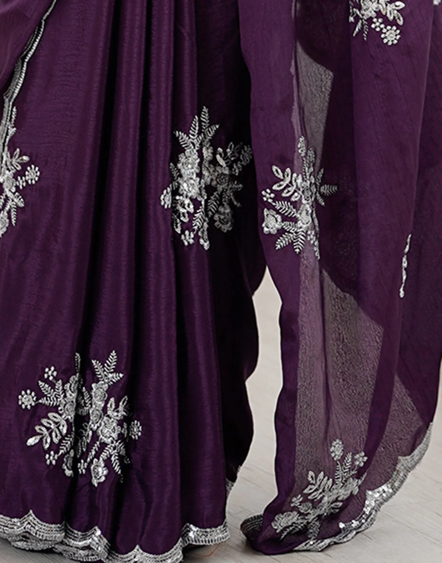 Wine Chinnon Sequence Embroidery Saree - Image 11