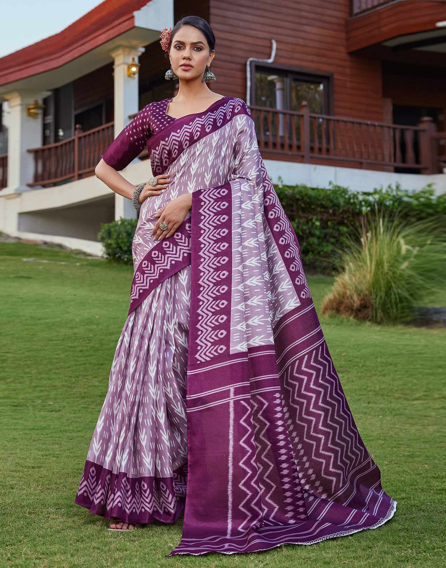 Wine Cotton Blend Ikkat Printed Saree - Image 5
