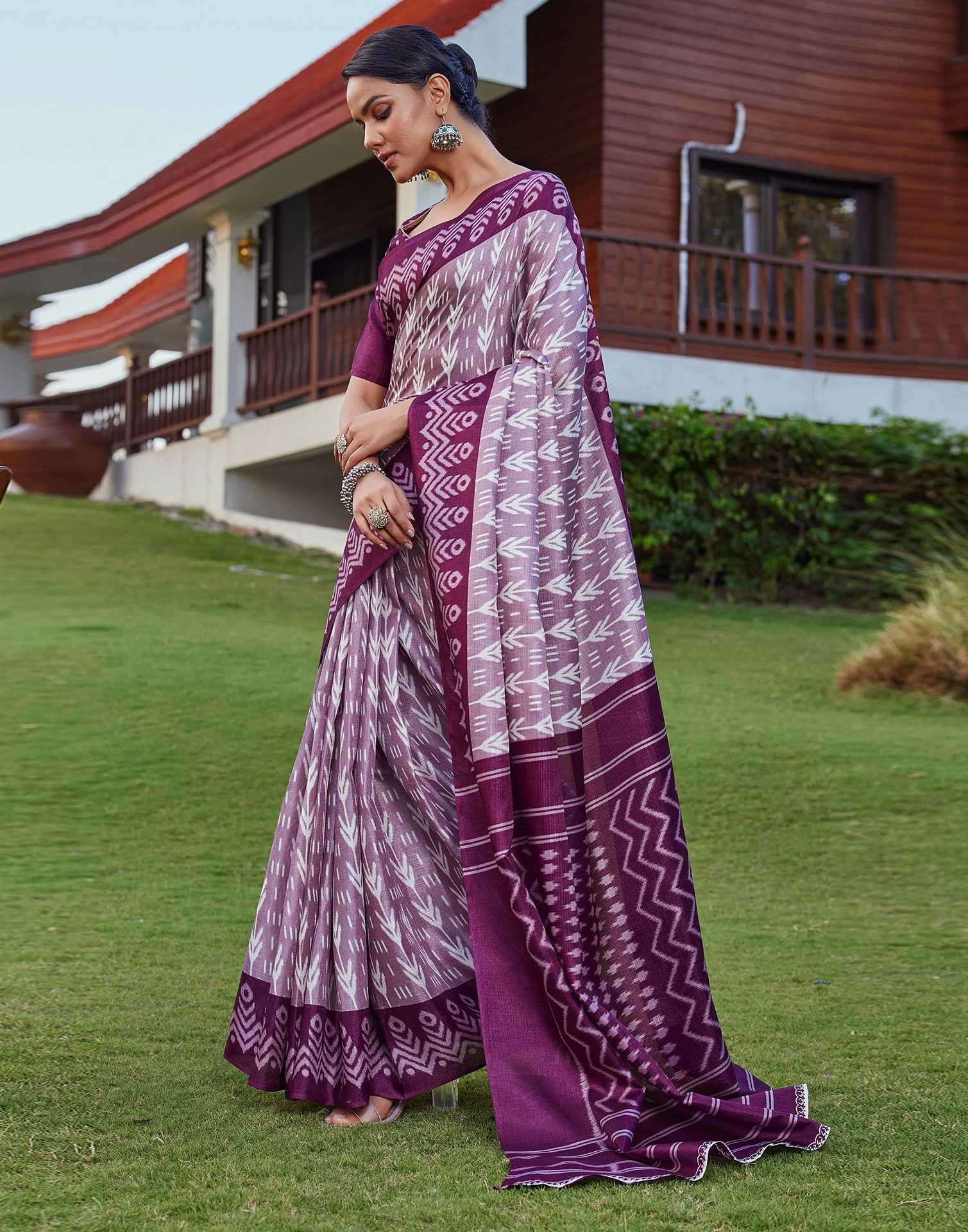 Wine Cotton Blend Ikkat Printed Saree - Image 6