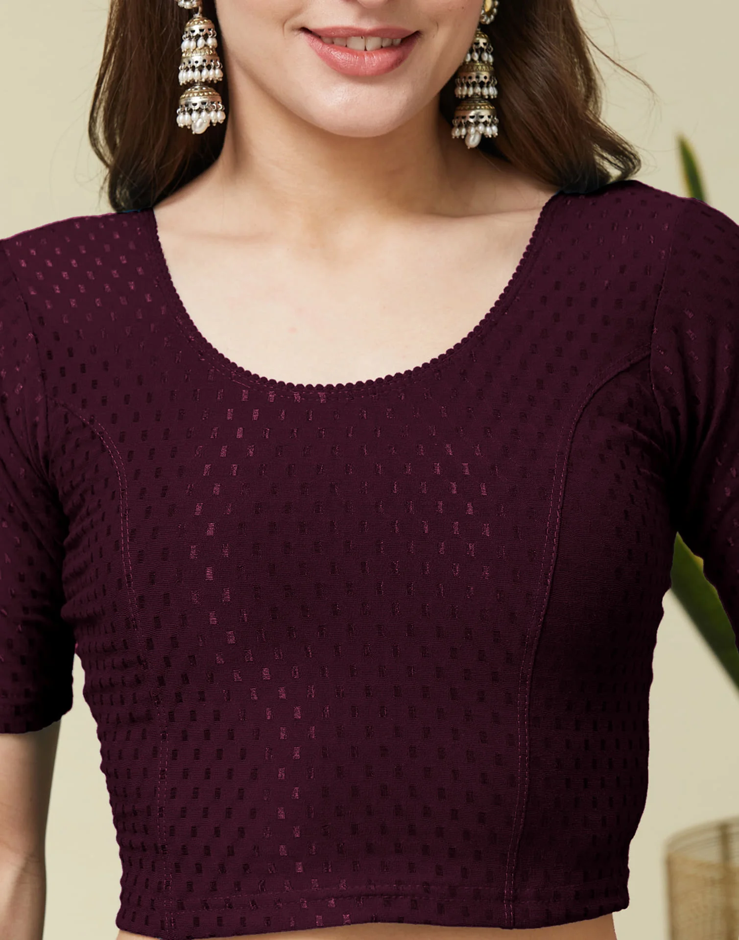 Wine Cotton Dyed Self Woven Blouse - Image 4