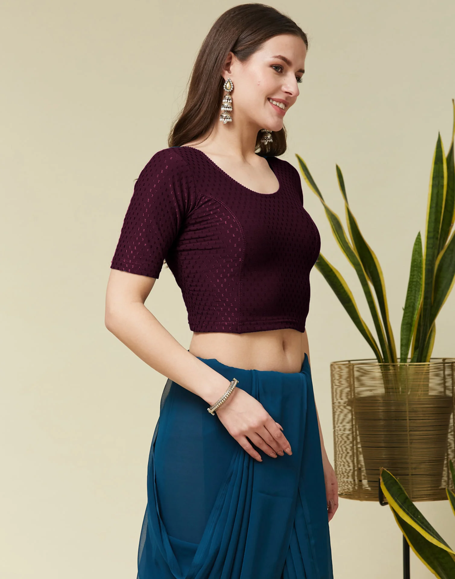 Wine Cotton Dyed Self Woven Blouse - Image 5