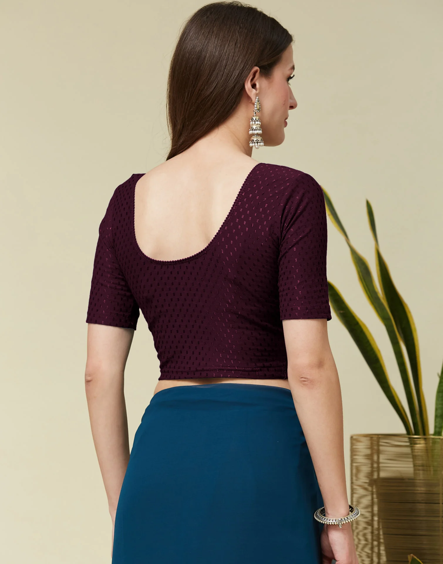 Wine Cotton Dyed Self Woven Blouse - Image 6