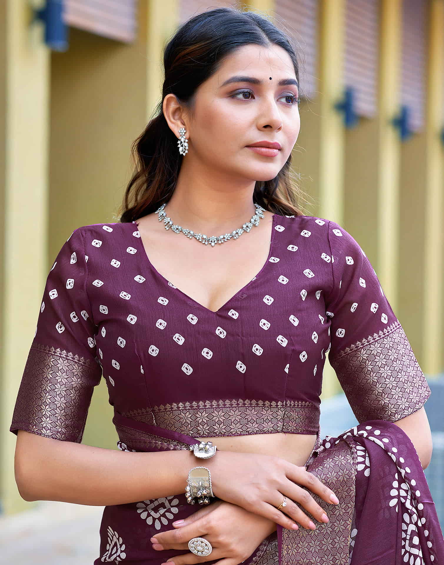 Wine Cotton Blend Printed Saree - Image 11