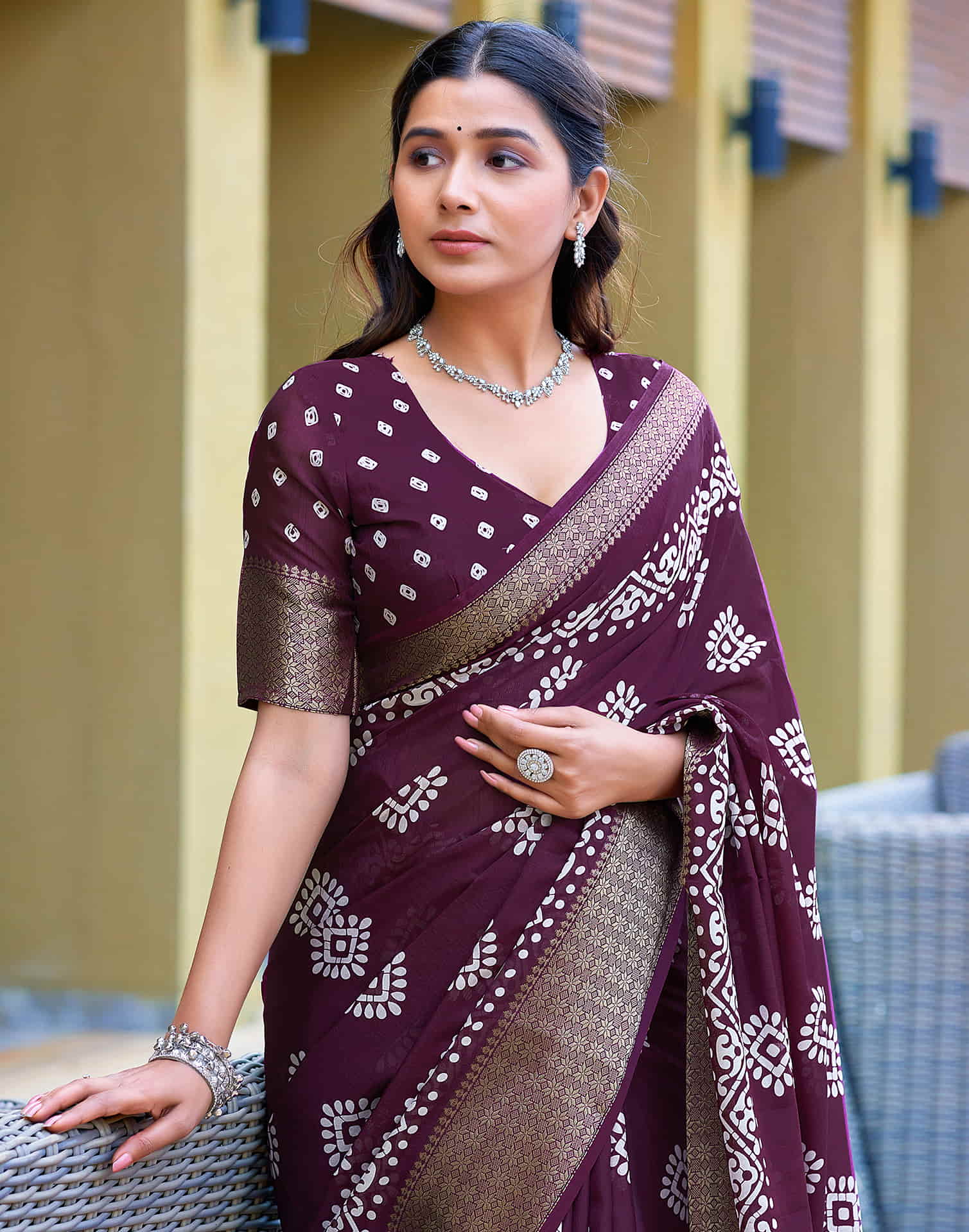 Wine Cotton Blend Printed Saree - Image 4