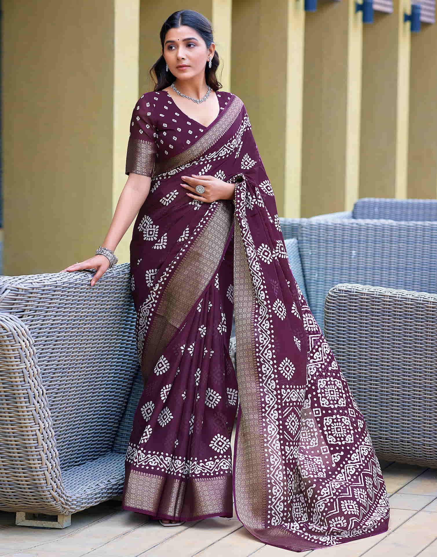 Wine Cotton Blend Printed Saree - Image 8