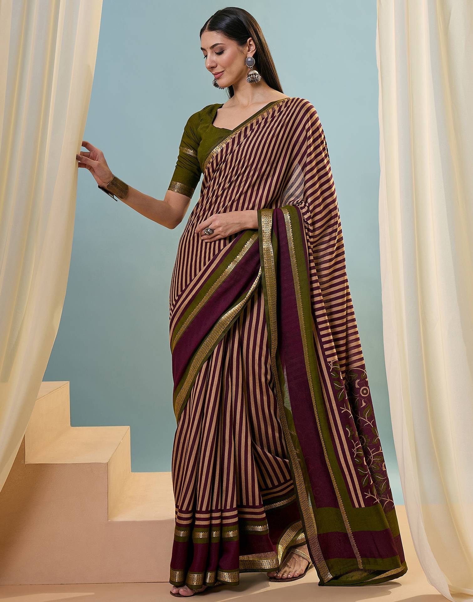 Wine Cotton Printed Saree - Image 4
