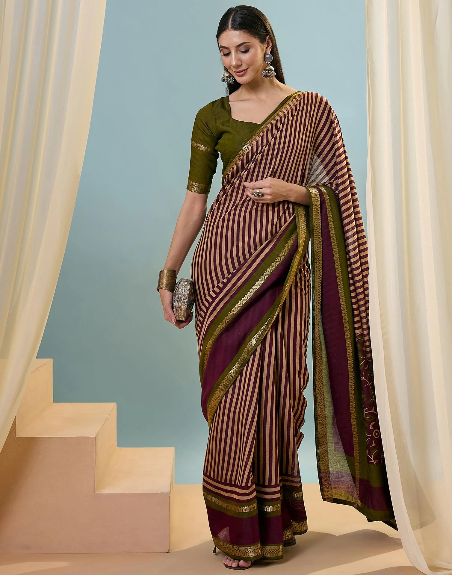 Wine Cotton Printed Saree - Image 5