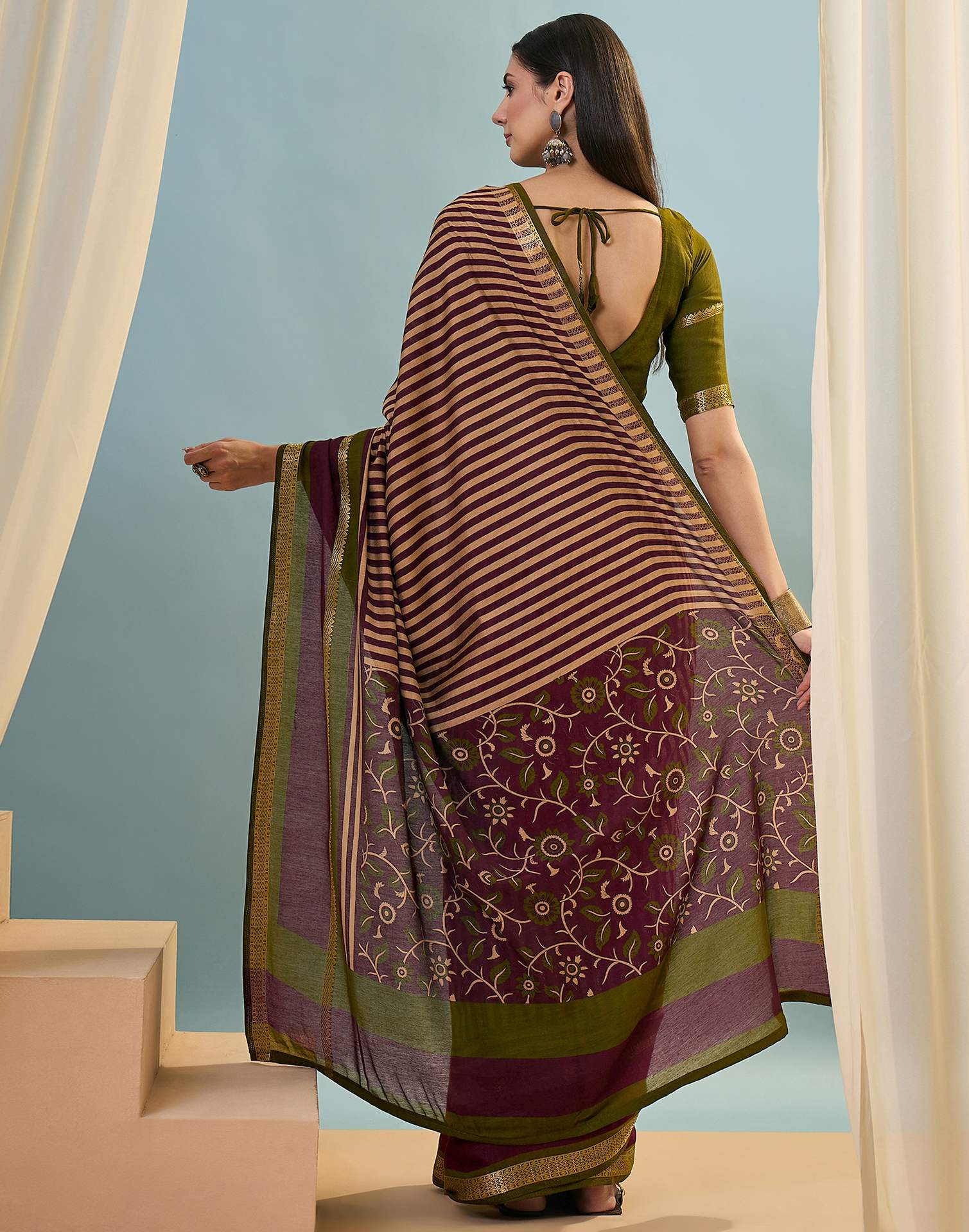 Wine Cotton Printed Saree - Image 6