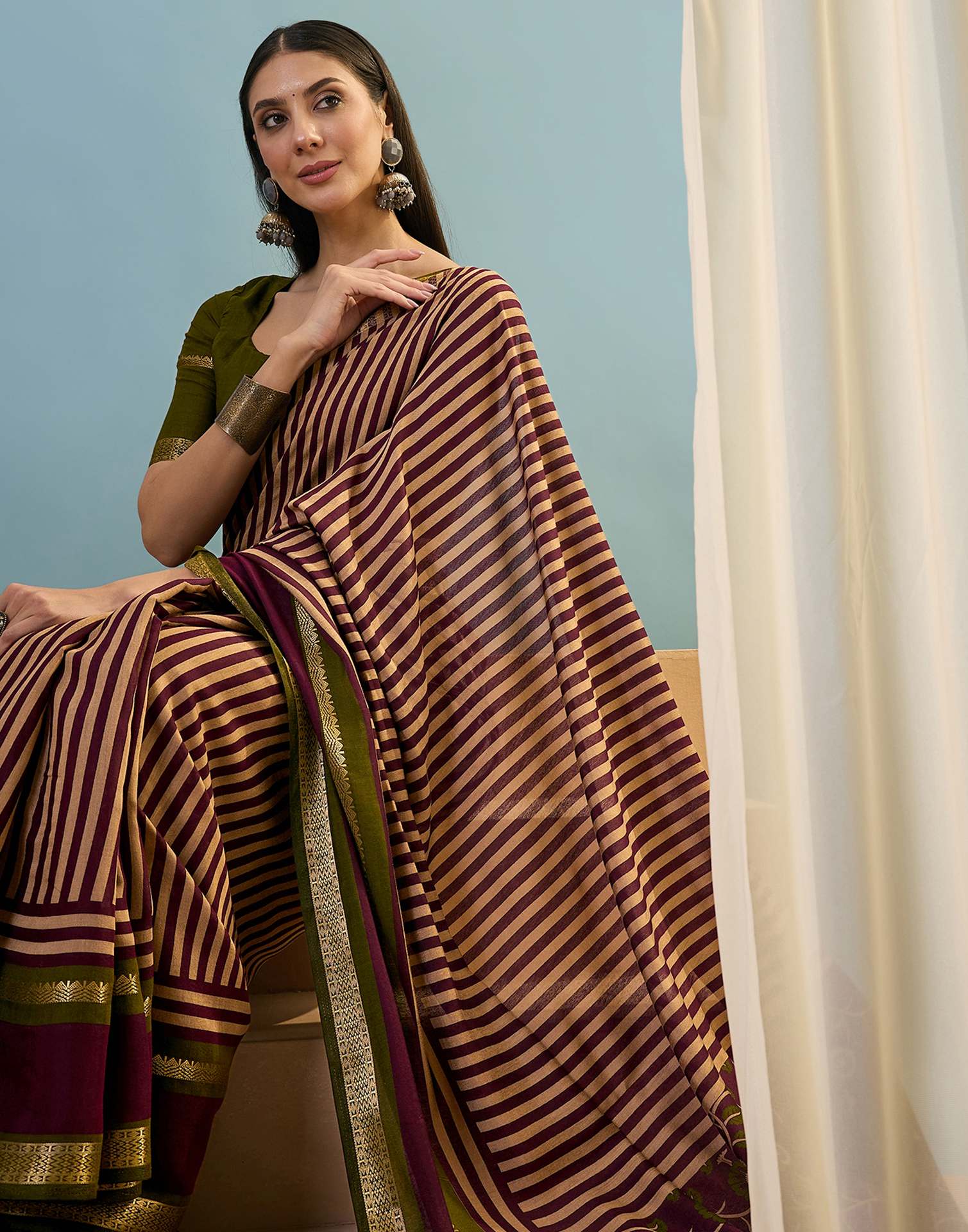Wine Cotton Printed Saree - Image 7