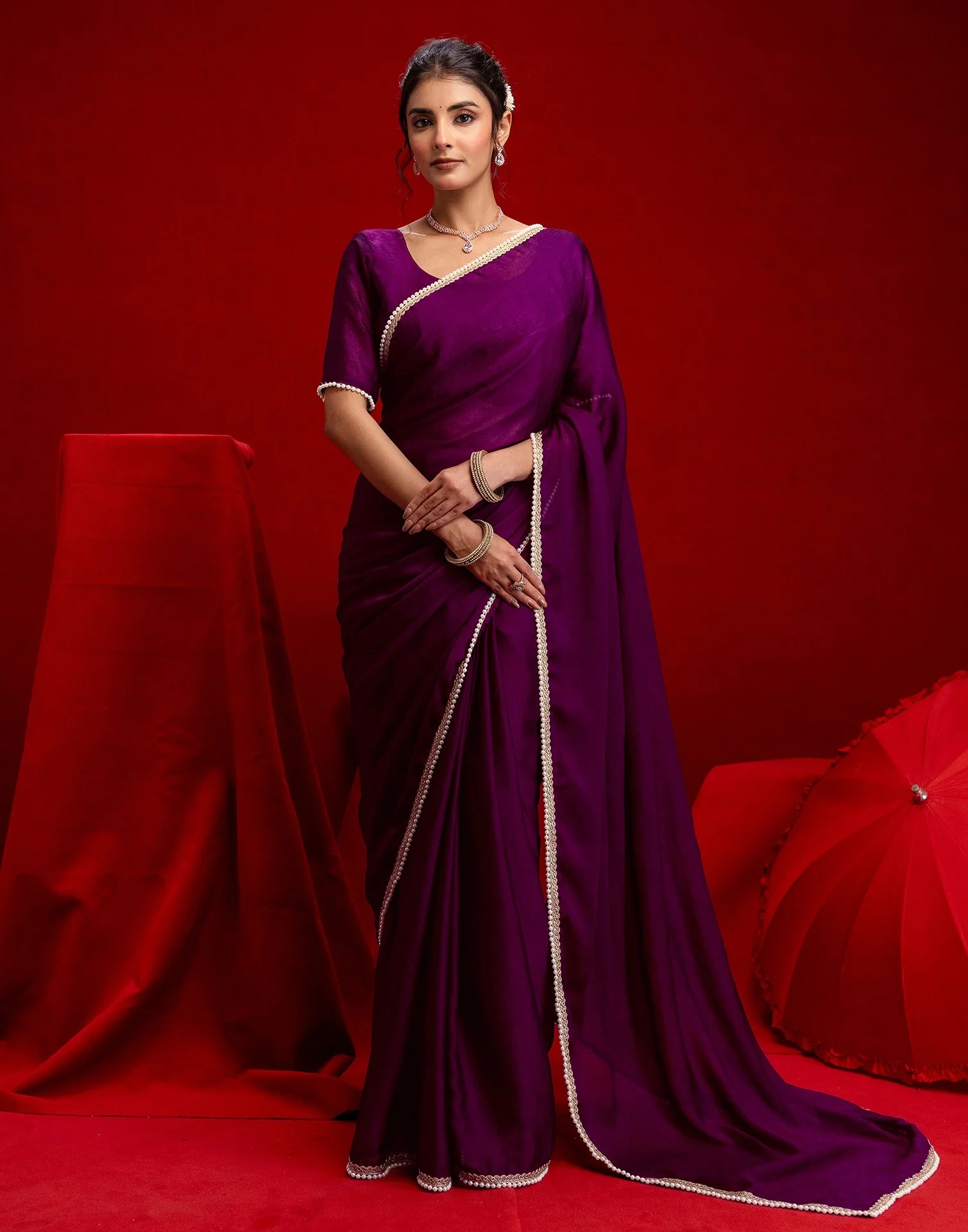 Wine Crush Silk Pearl Lace Saree