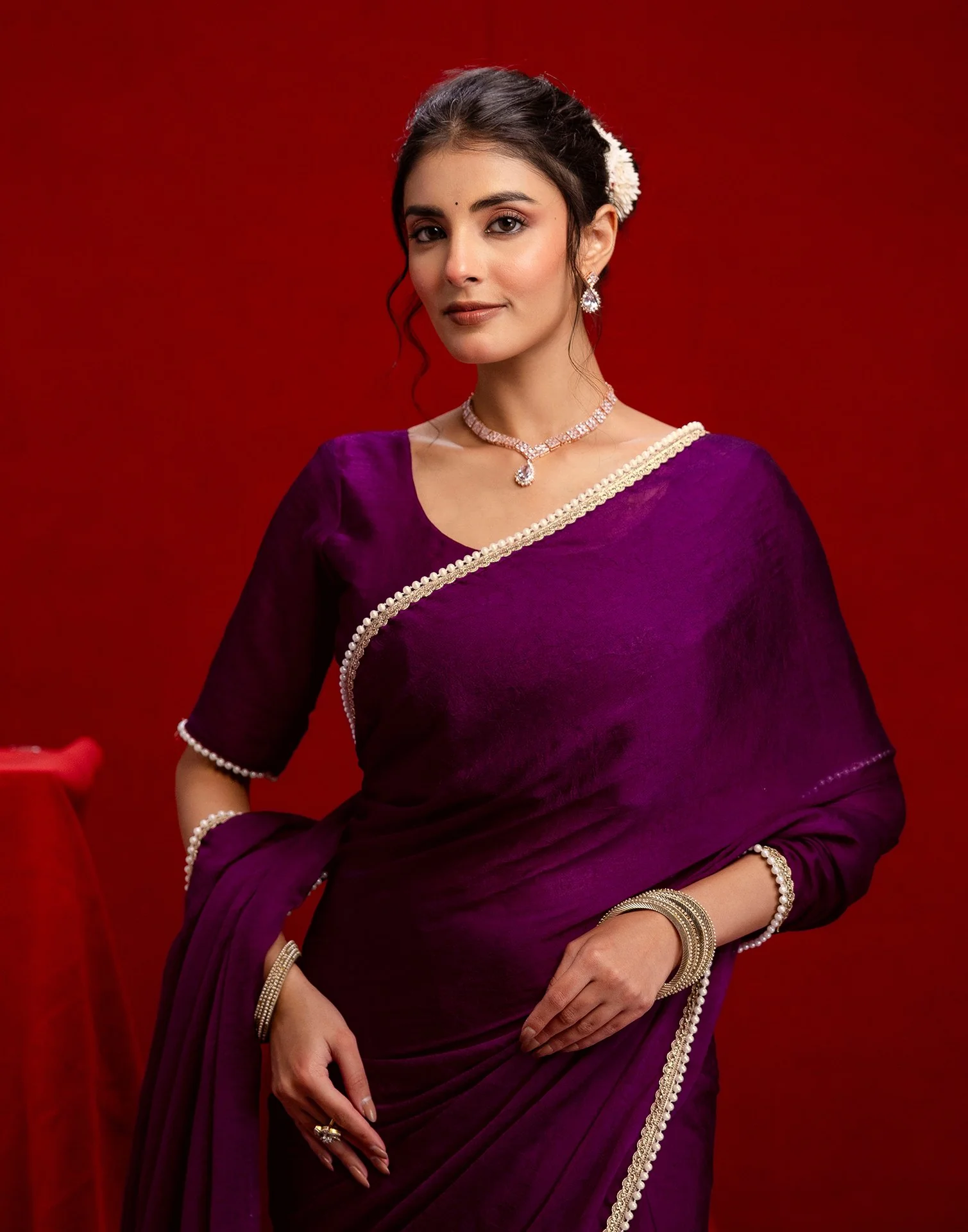 Wine Crush Silk Pearl Lace Saree - Image 2