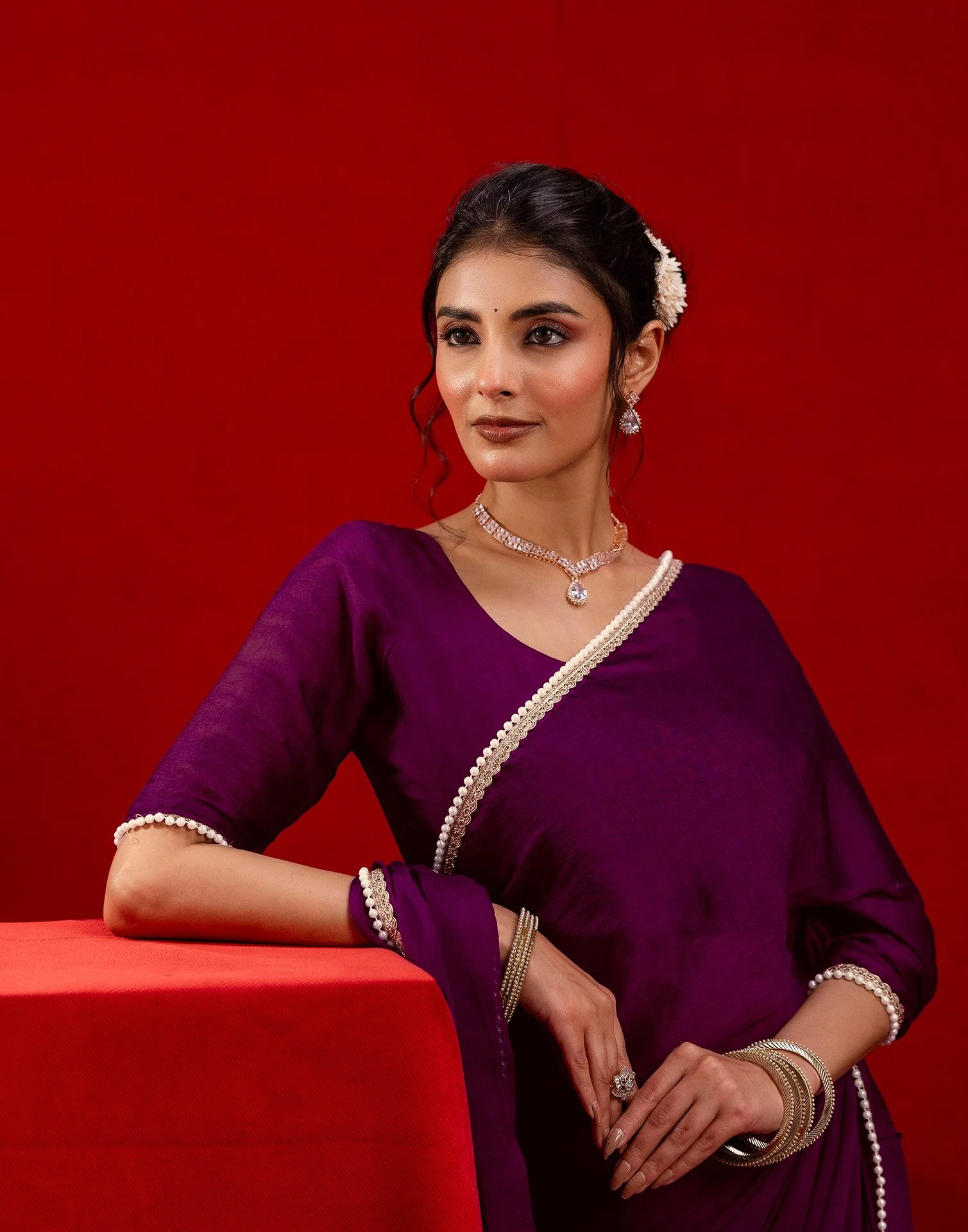 Wine Crush Silk Pearl Lace Saree - Image 4