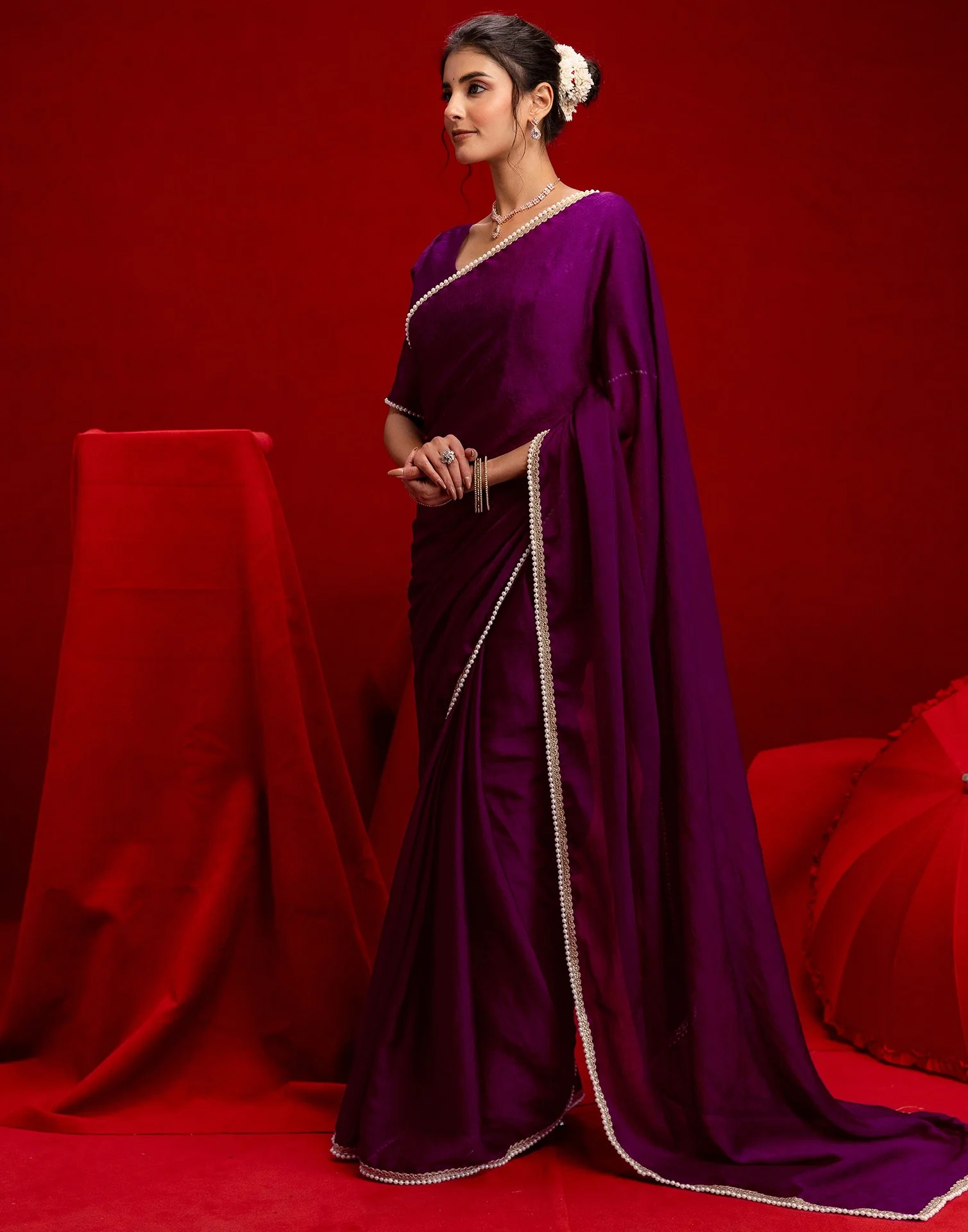 Wine Crush Silk Pearl Lace Saree - Image 5