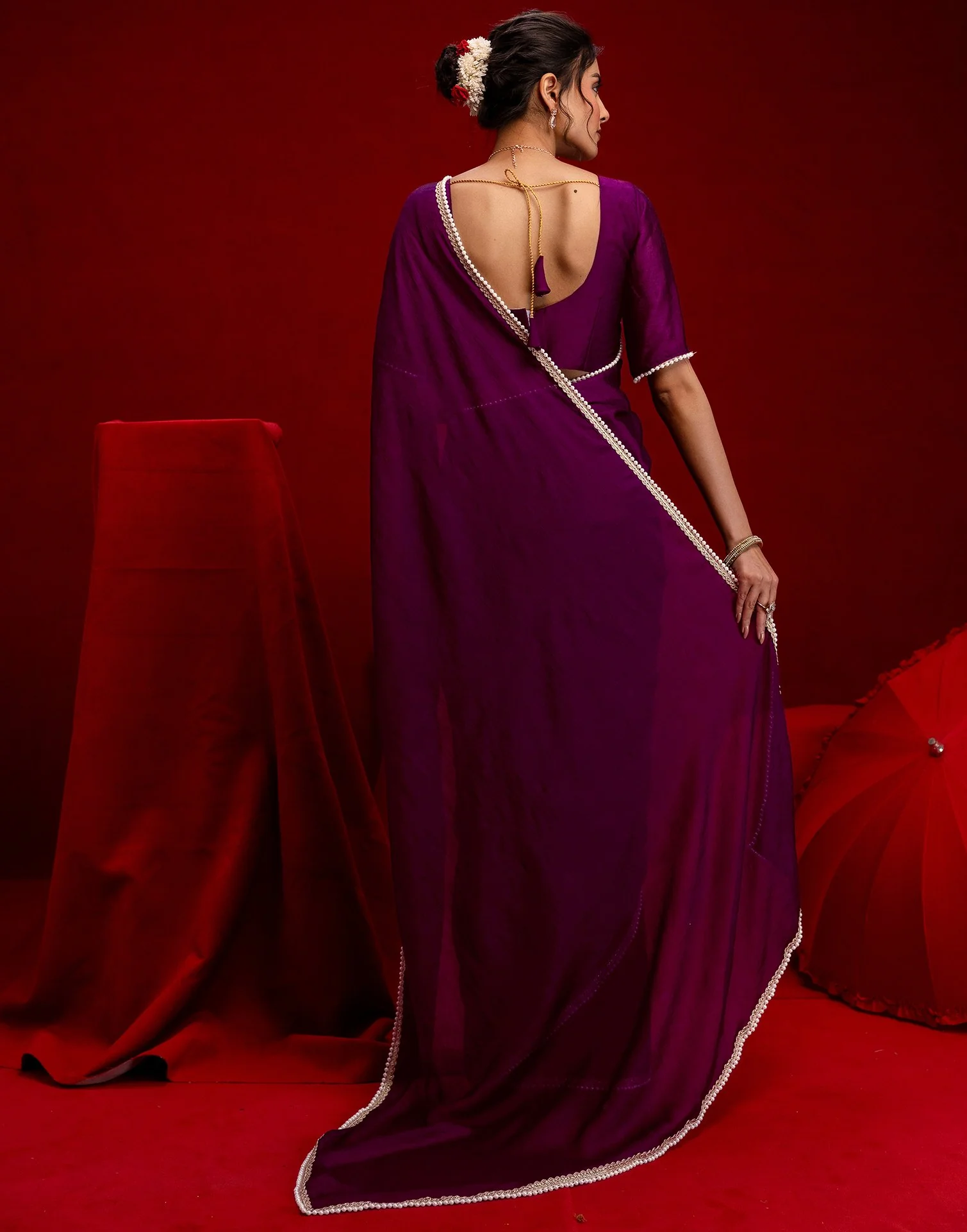 Wine Crush Silk Pearl Lace Saree - Image 7