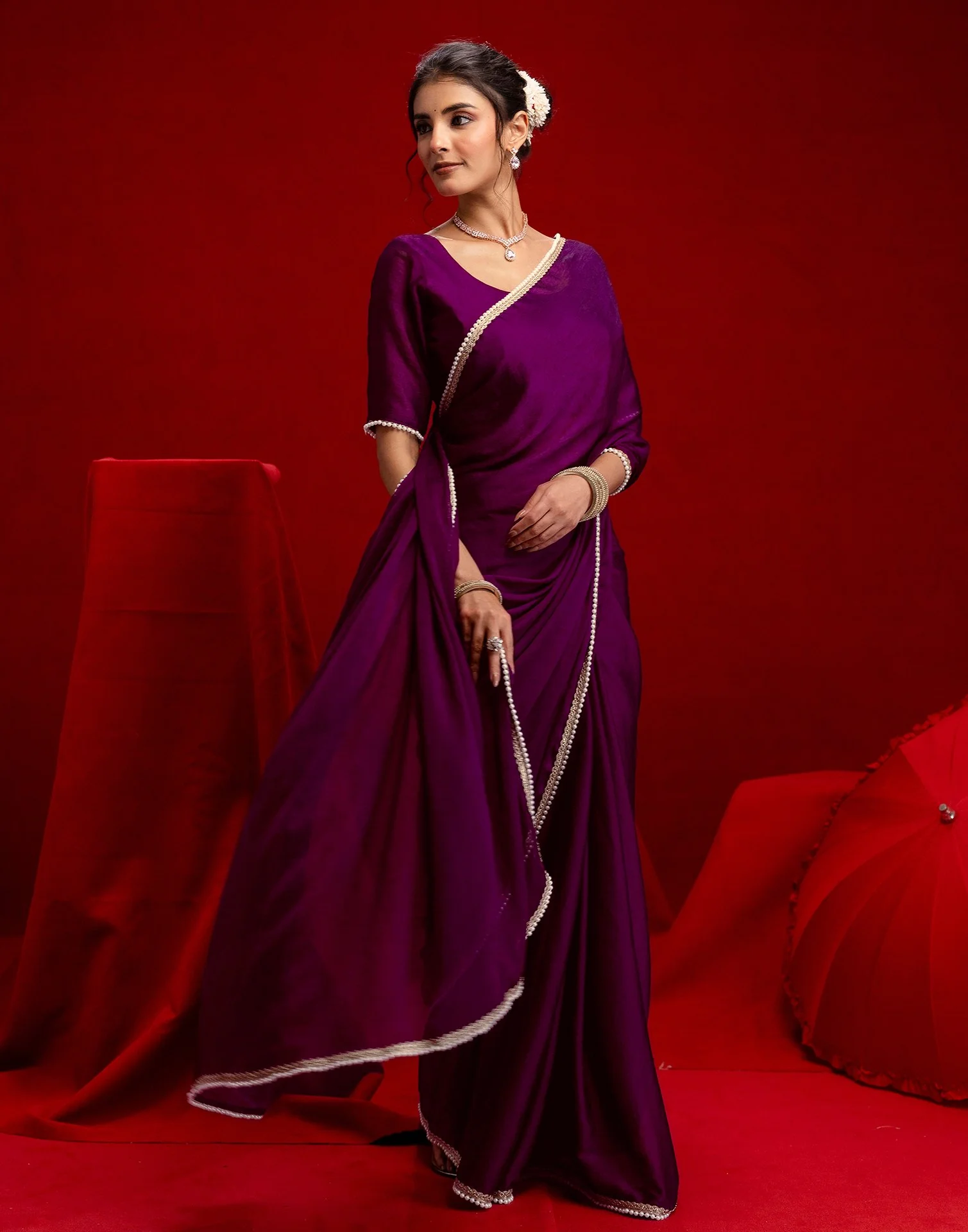 Wine Crush Silk Pearl Lace Saree - Image 8
