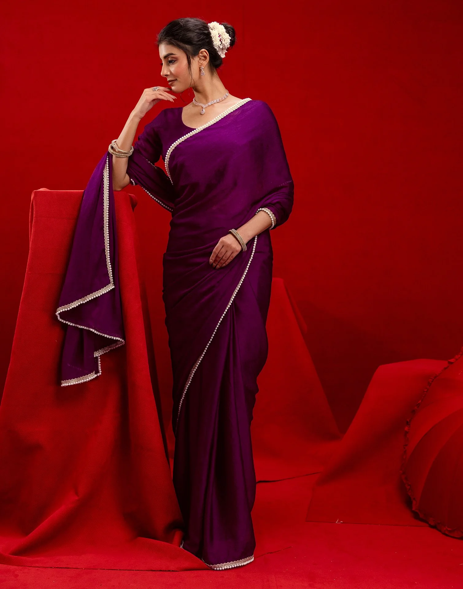 Wine Crush Silk Pearl Lace Saree - Image 9