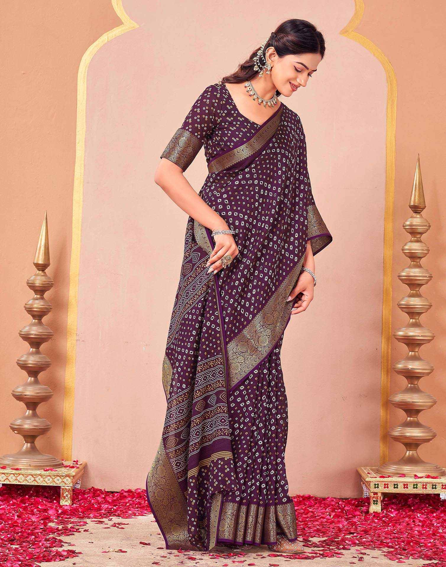 Wine Georgette Bandhani Printed Saree - Image 5