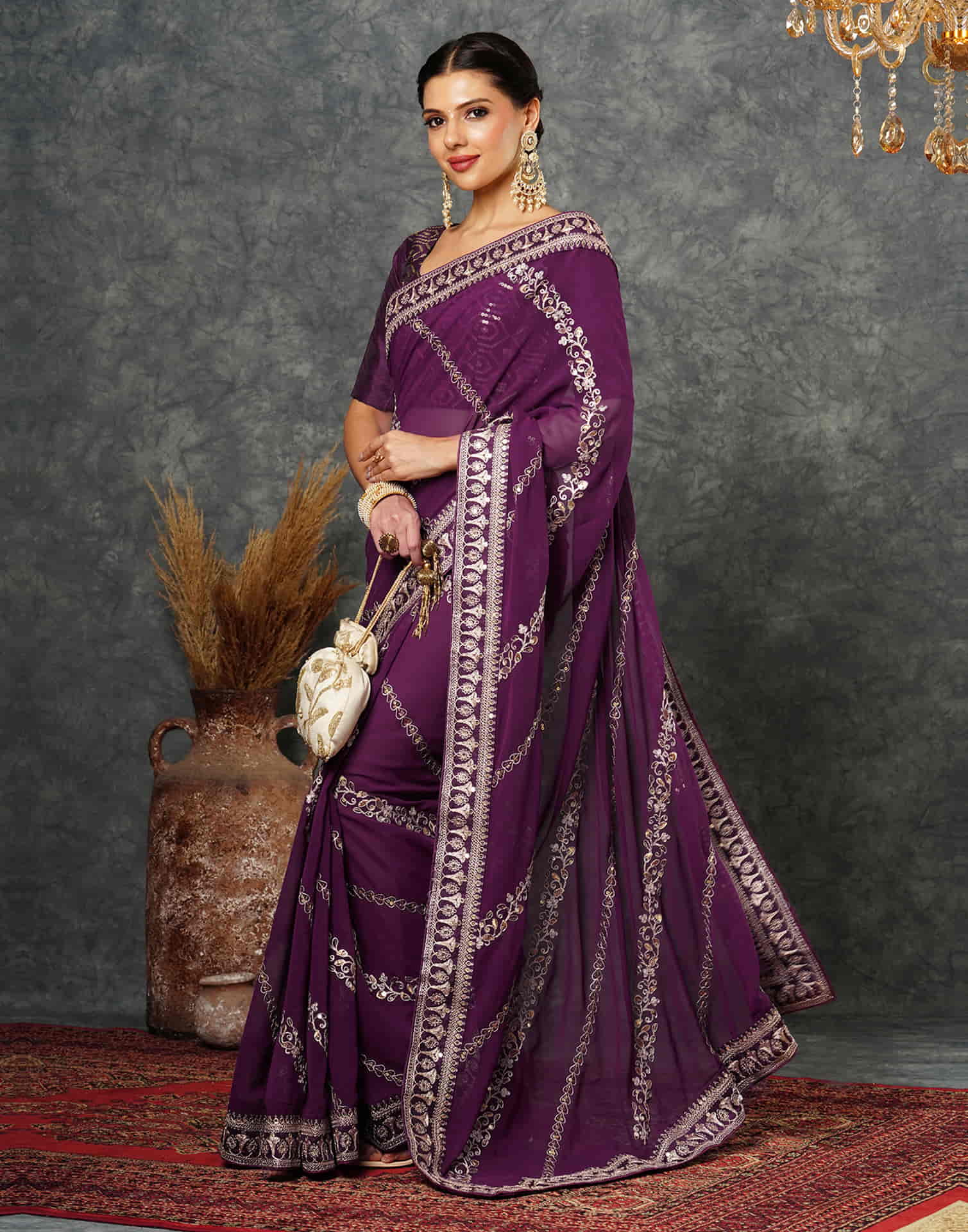 Wine Georgette Embroidery Embroidery Saree - Image 4