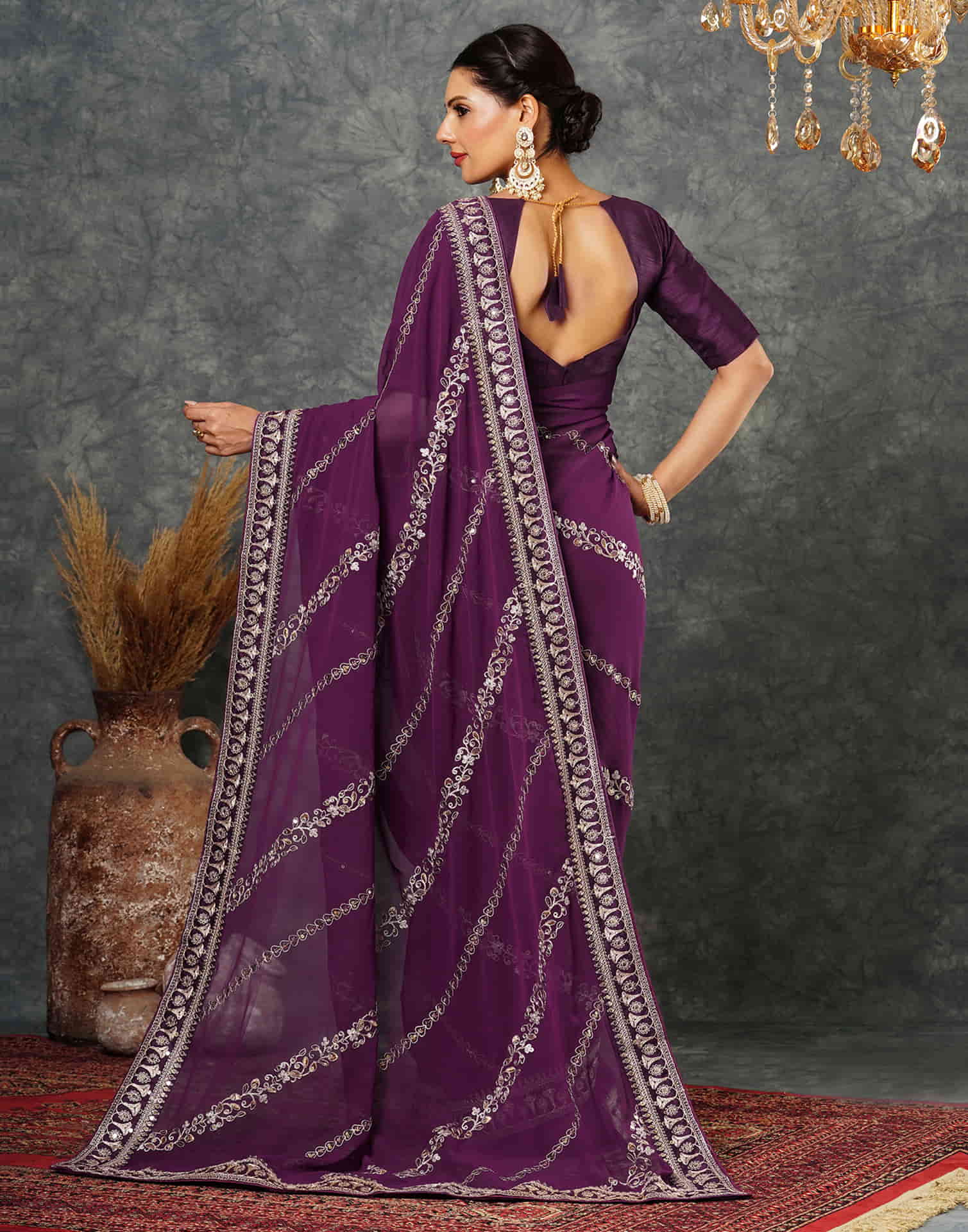 Wine Georgette Embroidery Embroidery Saree - Image 5