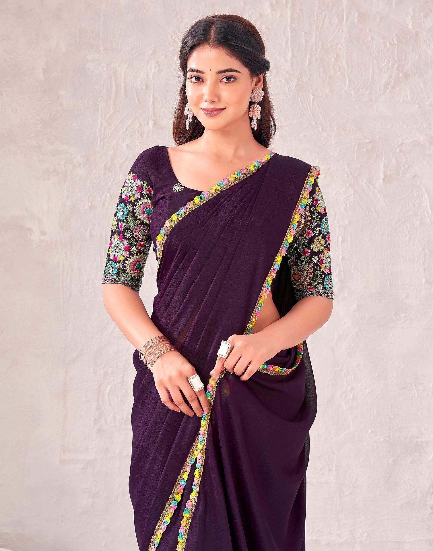 Wine Georgette Embroidery Lace Saree - Image 2