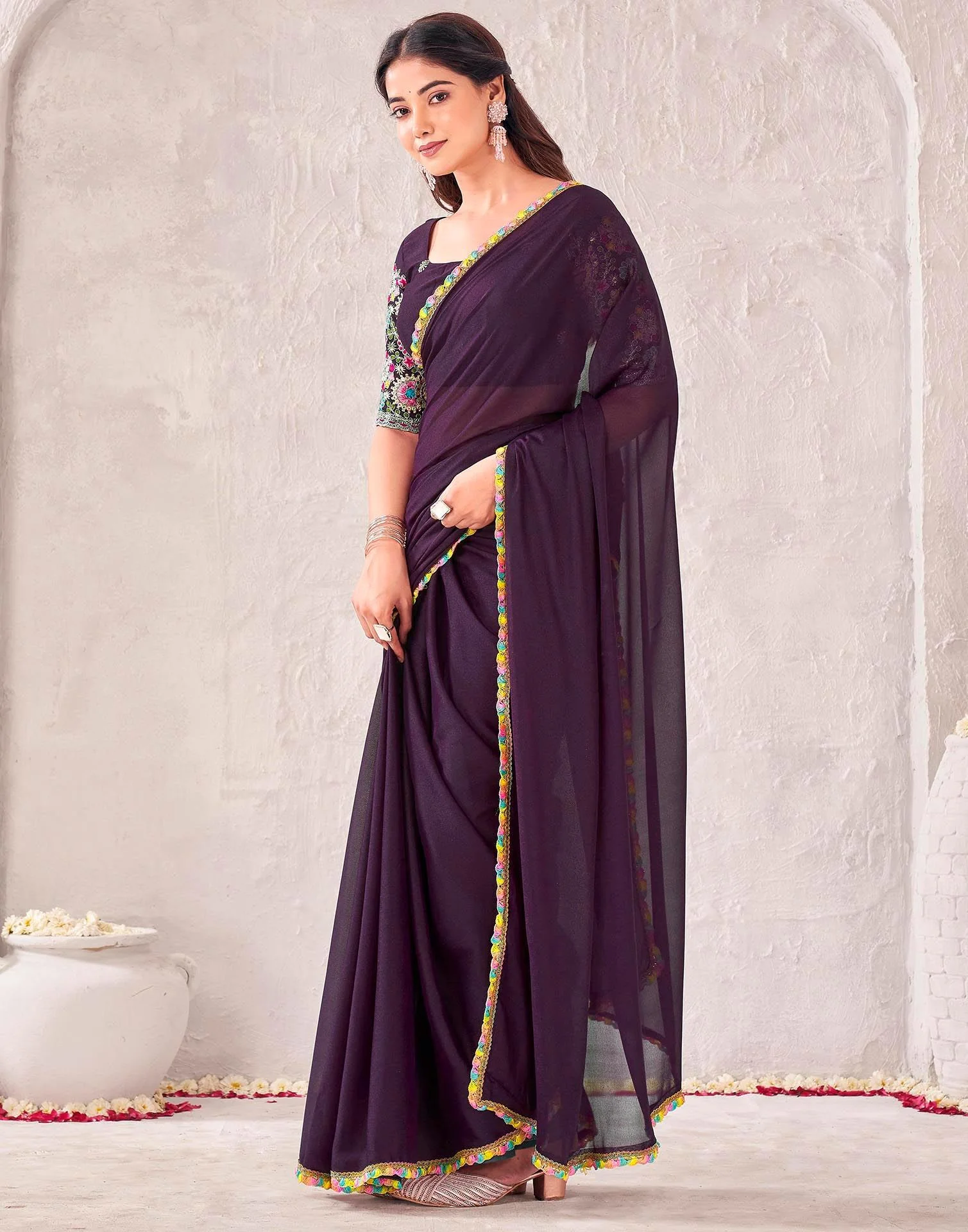 Wine Georgette Embroidery Lace Saree - Image 4