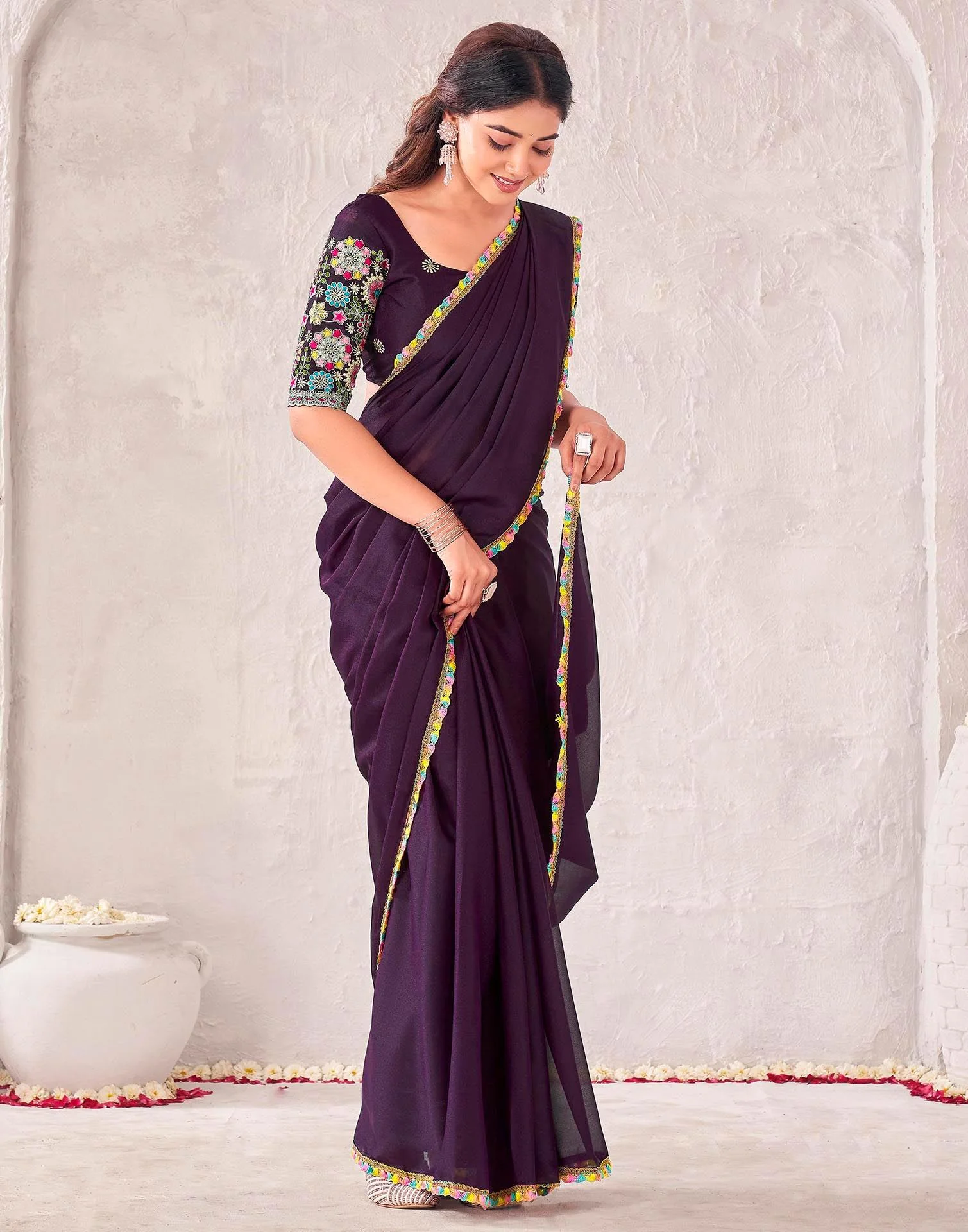 Wine Georgette Embroidery Lace Saree - Image 5