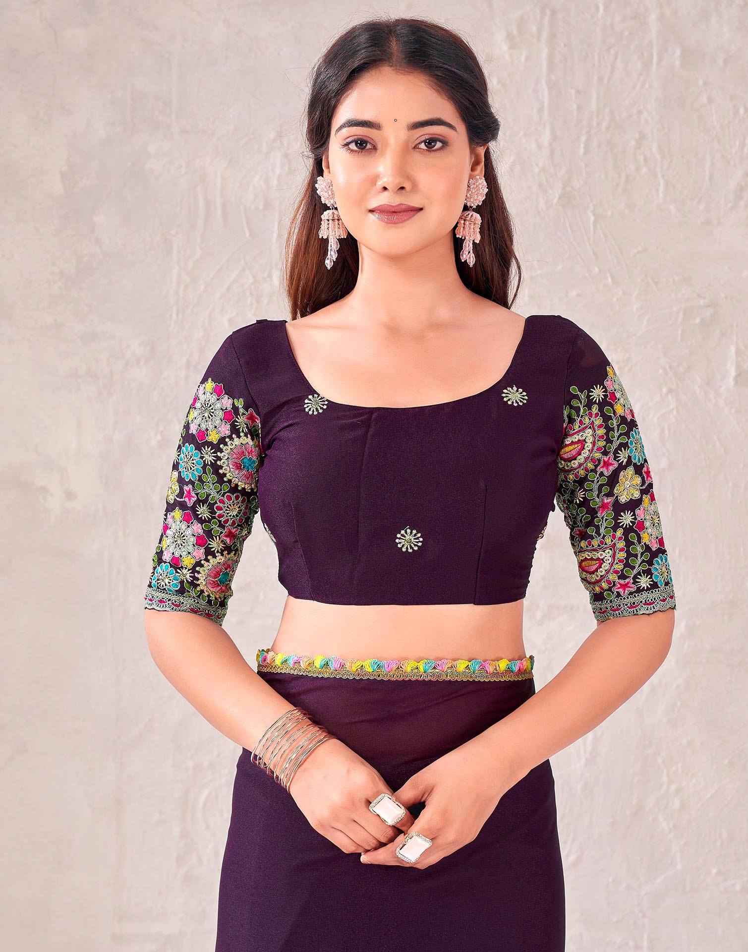 Wine Georgette Embroidery Lace Saree - Image 7