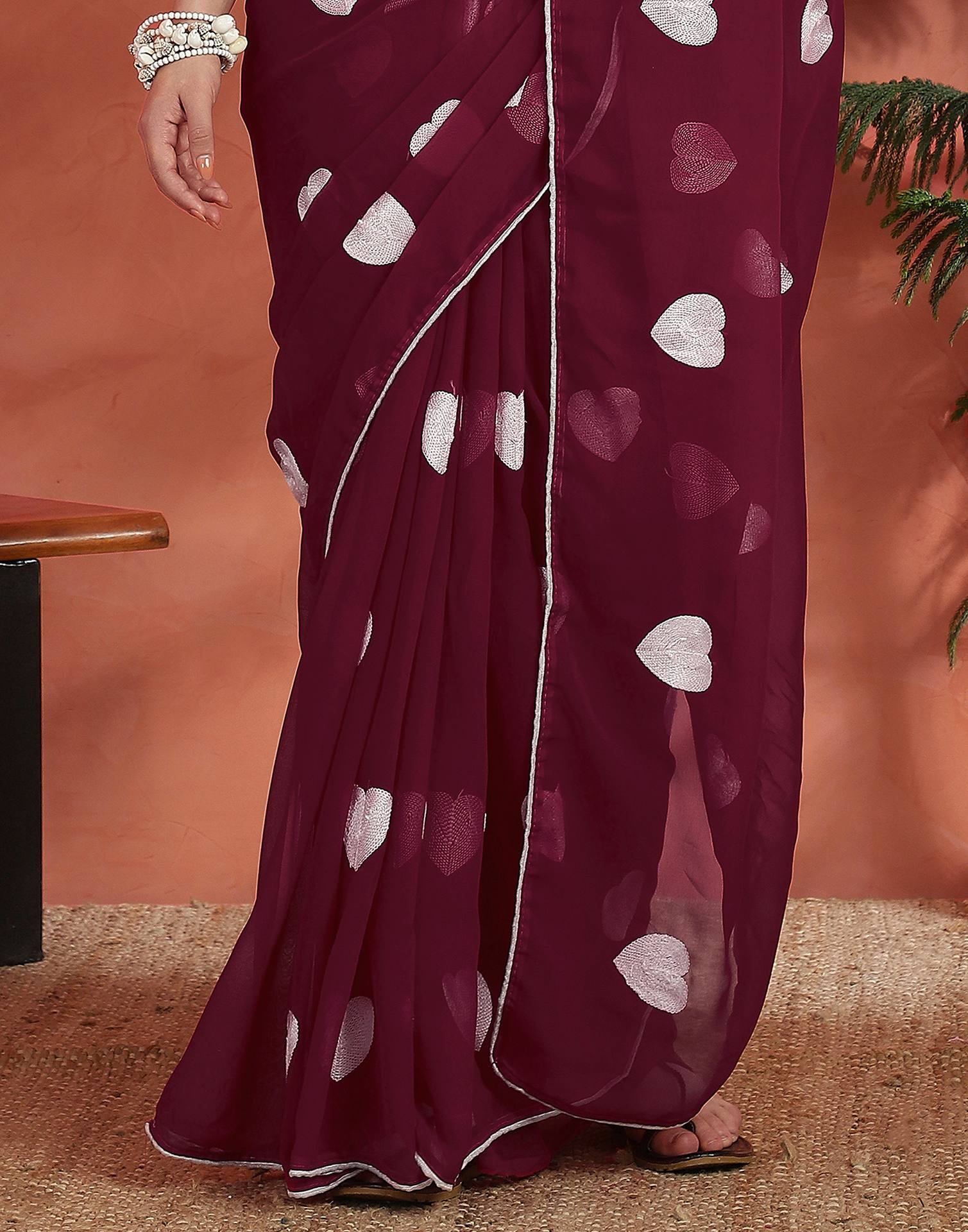 Wine Georgette Embroidery Saree - Image 8