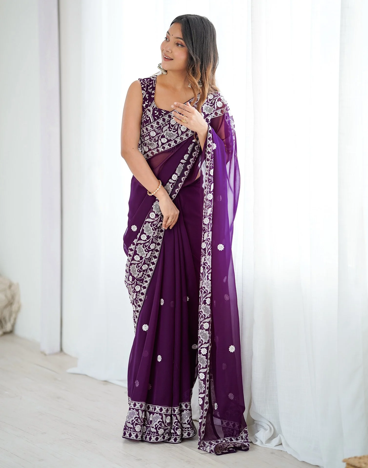 Wine Georgette Embroidery Saree - Image 6