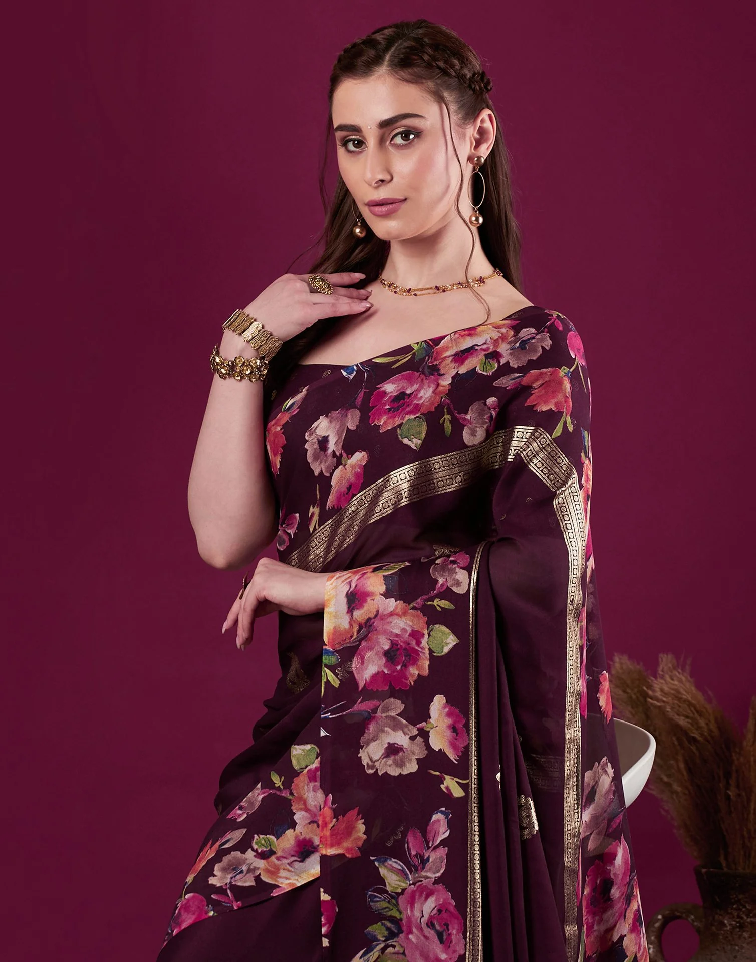 Wine Georgette Floral Printed Saree - Image 2
