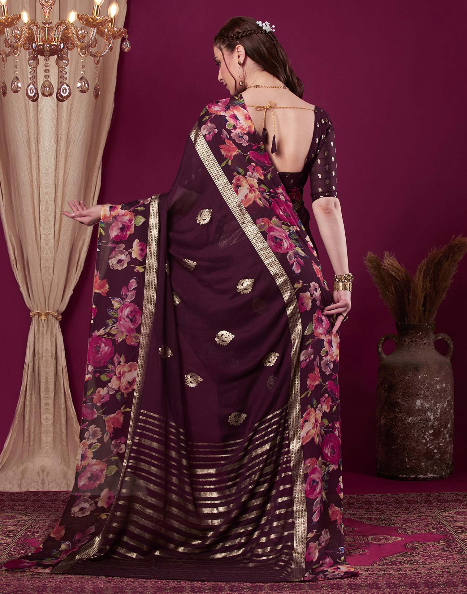 Wine Georgette Floral Printed Saree - Image 4