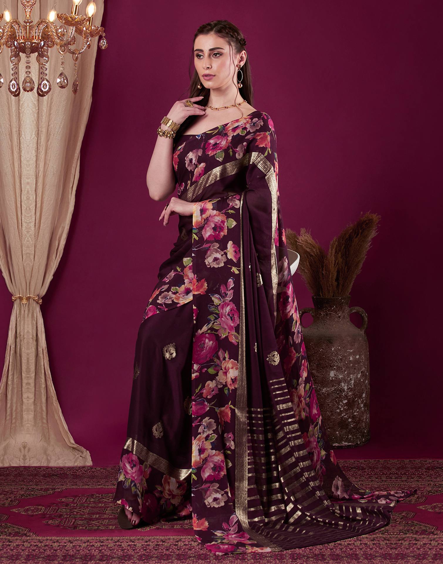Wine Georgette Floral Printed Saree - Image 5
