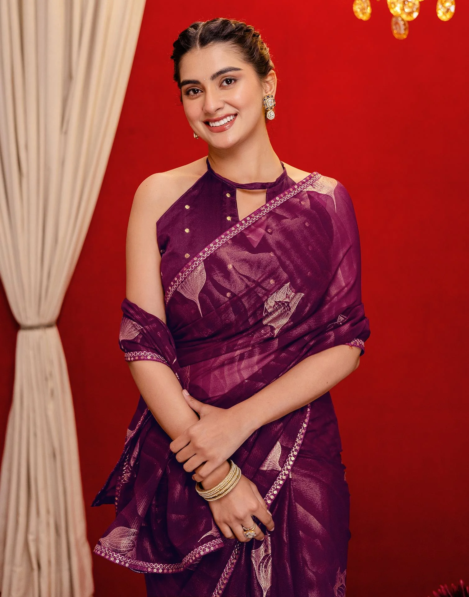 Wine Georgette Foil Printed Lace Saree - Image 10