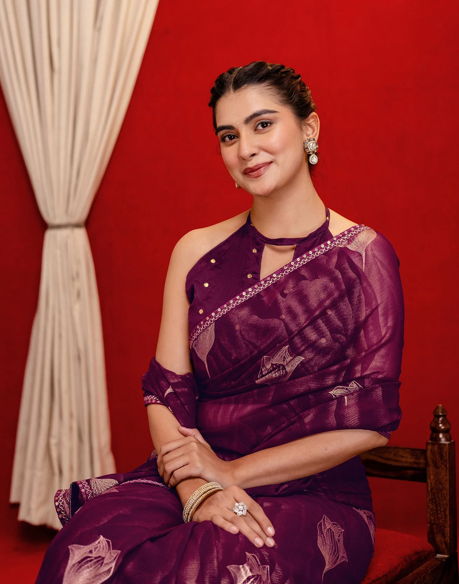 Wine Georgette Foil Printed Lace Saree - Image 2