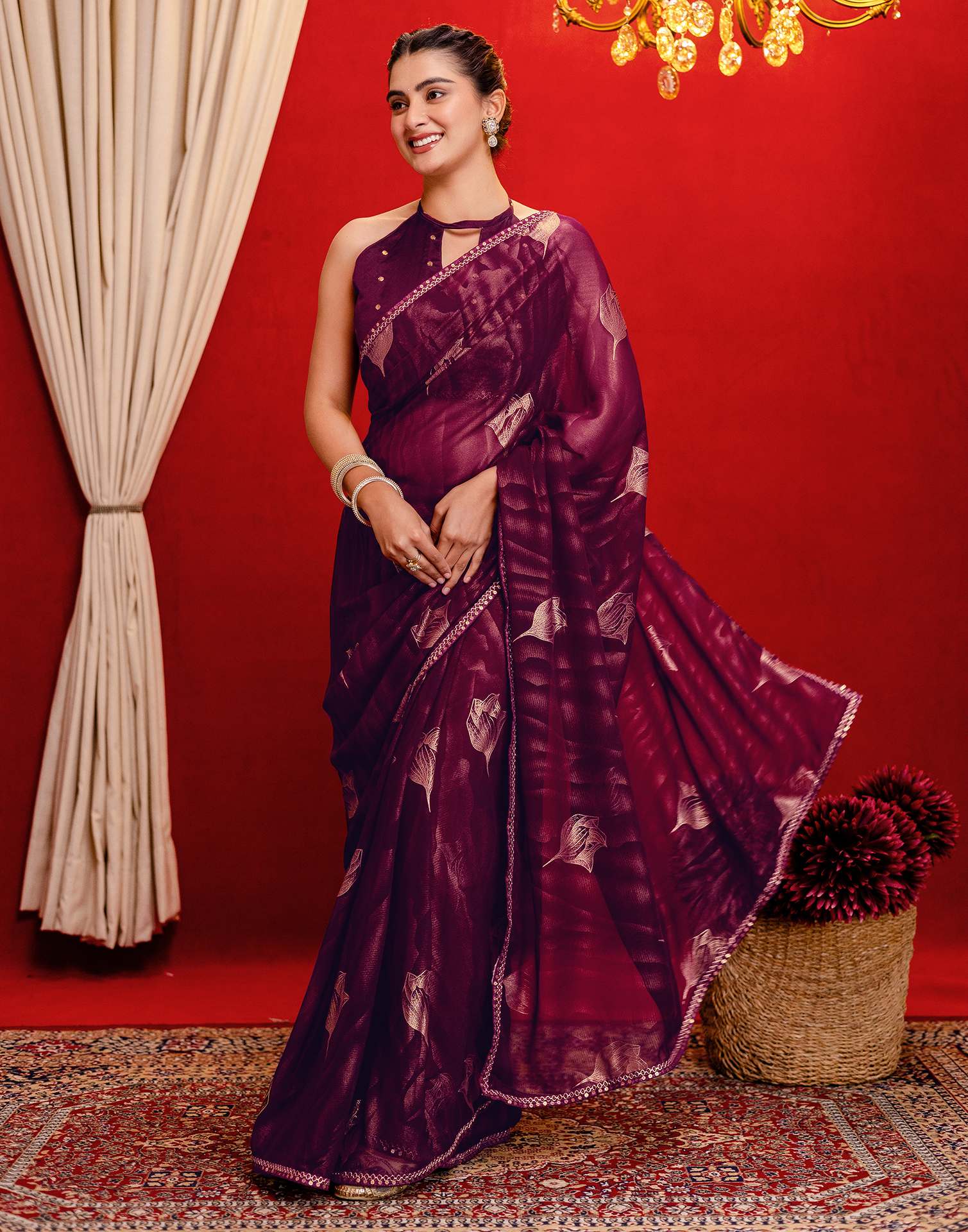 Wine Georgette Foil Printed Lace Saree - Image 5