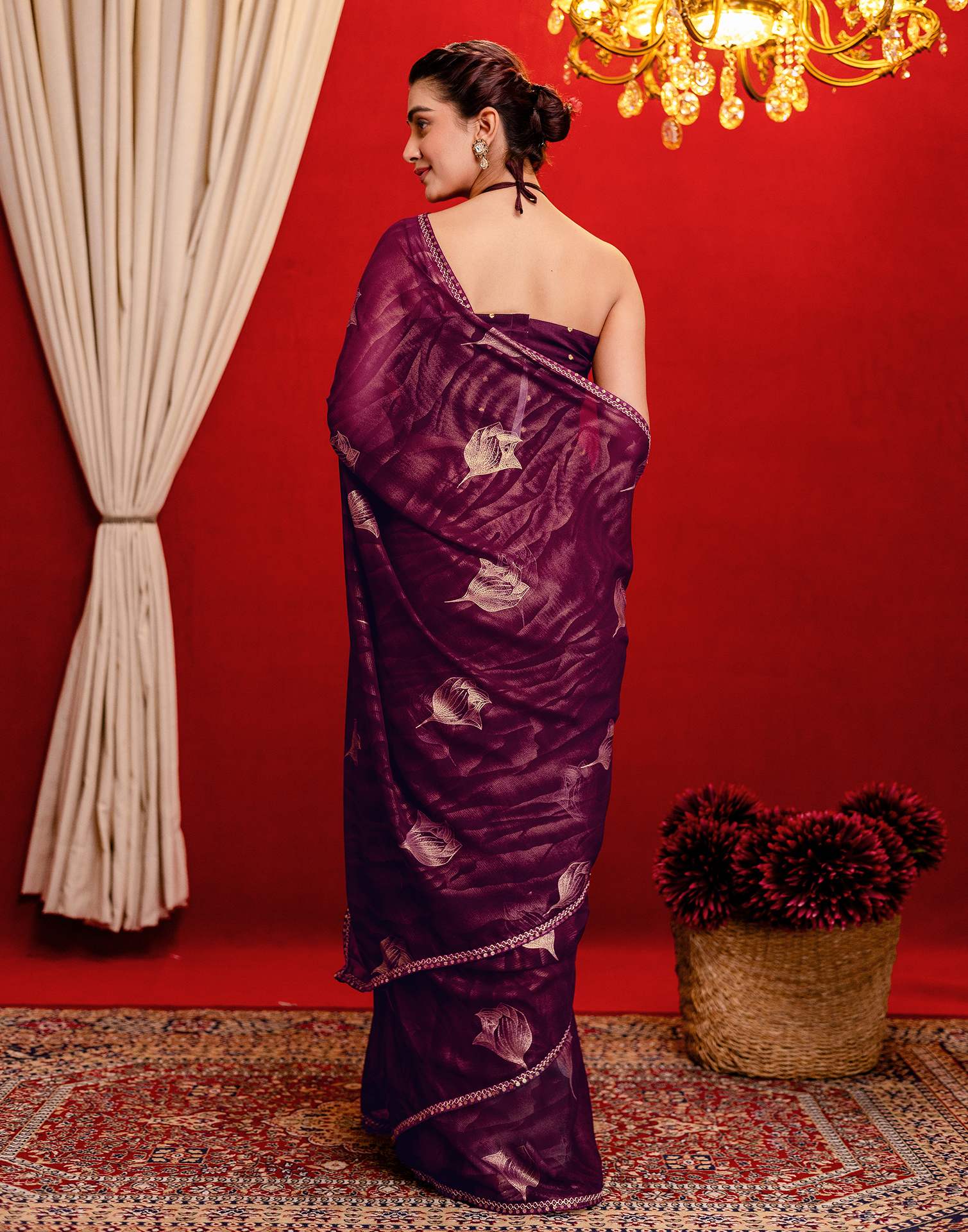 Wine Georgette Foil Printed Lace Saree - Image 7