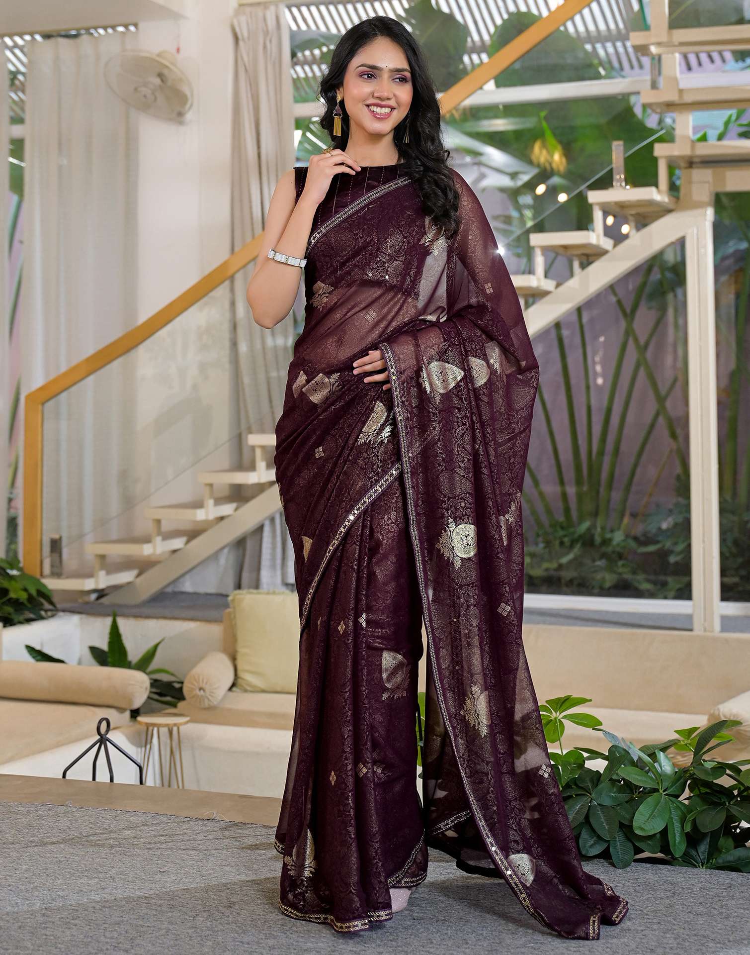 Wine Georgette Foil Printed Lace Saree - Image 4